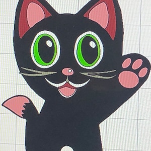 May include: A black cat with green eyes and a pink nose waves with its paw. The cat has a pink tongue sticking out and a pink tail.
