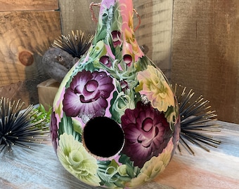 Gourd Birdhouse Hand Painted Eggplant and Cream Roses Pink Floral Outdoor Decor