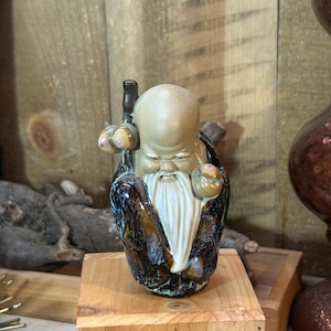 Vintage Chinese Mudman Figurine, Shou Xing Shou Lao God of Longevity, 4 Inch Shiwan Style Pottery Statue