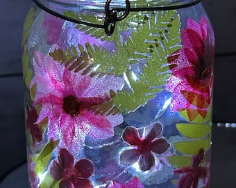 Mason Jar Solar Fairy Light Lantern Colorful Very Pink Flower Garden  Pint size