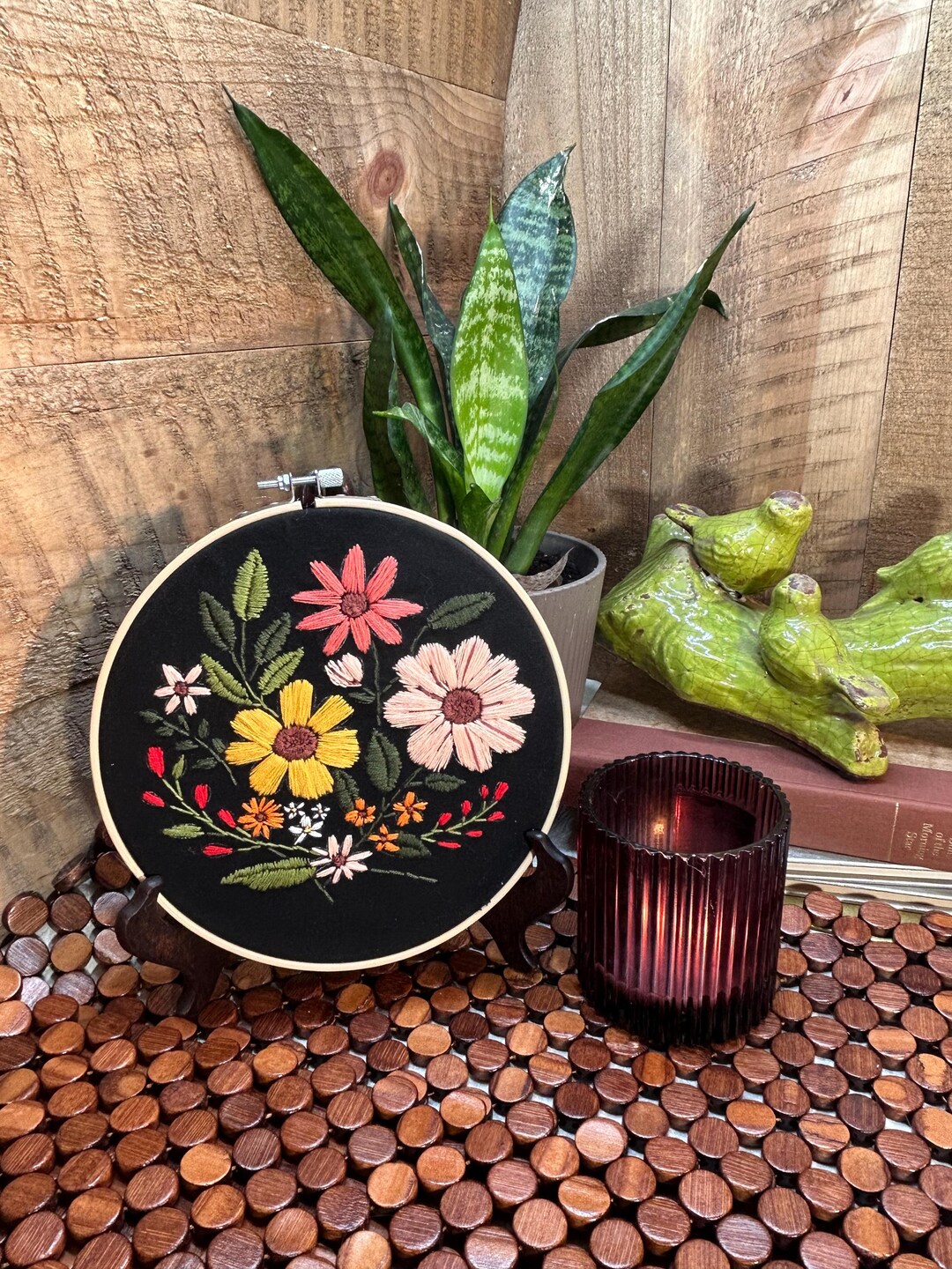 Hand Embroidered Wildflower Hoop Art on Black Fabric 8 Inch Floral Wall ...