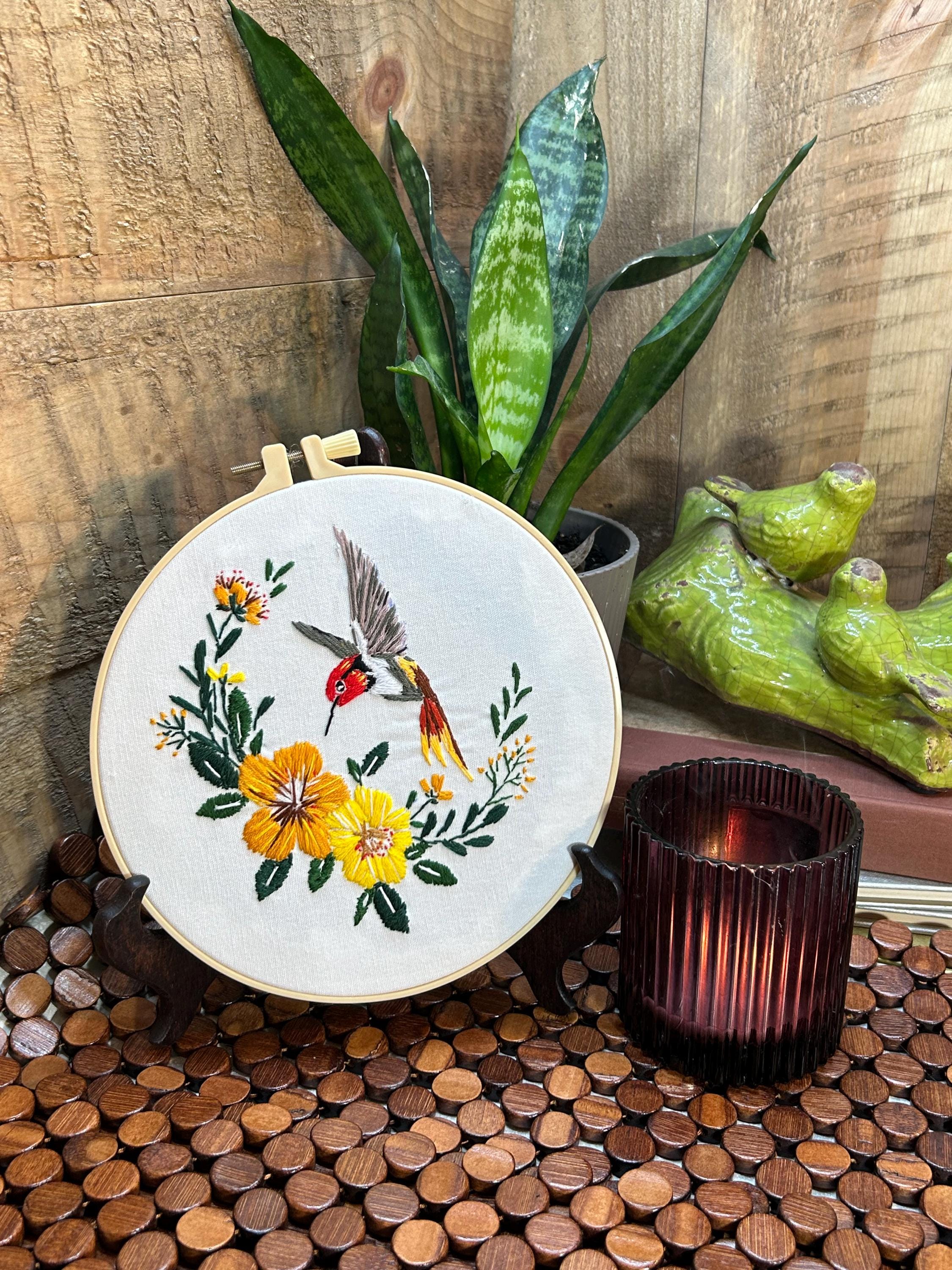 Hand Embroidered Hummingbird Wall Art Floral Hoop Decor Botanical ...