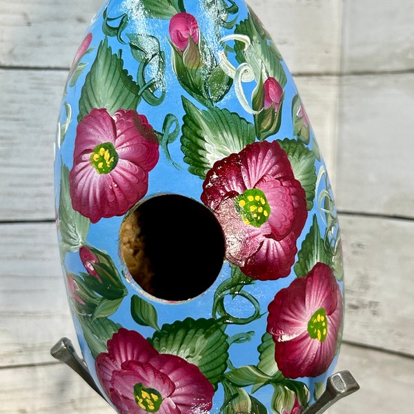 Small Gourd Birdhouse Berry wine Roses, rosebud vines Hand painted  Sky Blue Background Chickadees Wrens