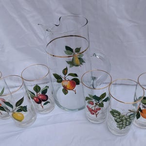 Vintage West Virginia Glass Company Pitcher Set - Fruit Motif with Gold Trim- 6 Glasses and 72 oz Pitcher