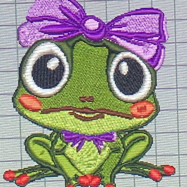 Cute Little Big Eyed Frog with Purple Bows Adorable!  Embroidery file 4X4