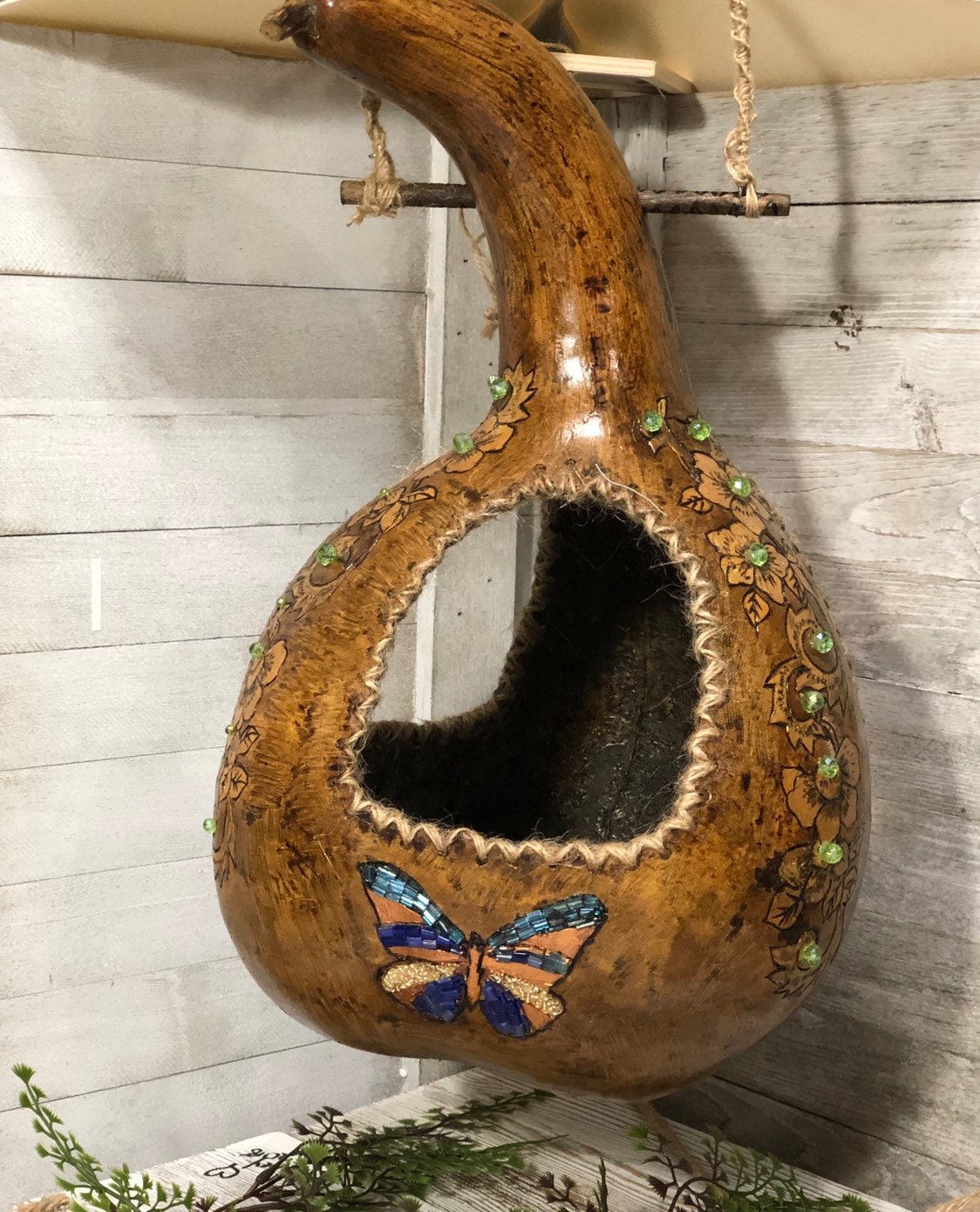 Gourd Bird Feeder Carving Woodburning And Glass Bead Inlaid Etsy