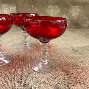 Set of 5 Ruby Red Sherbet Champagne Glasses, Mid Century Vintage Ruby Stemware Holiday and Wedding table decor