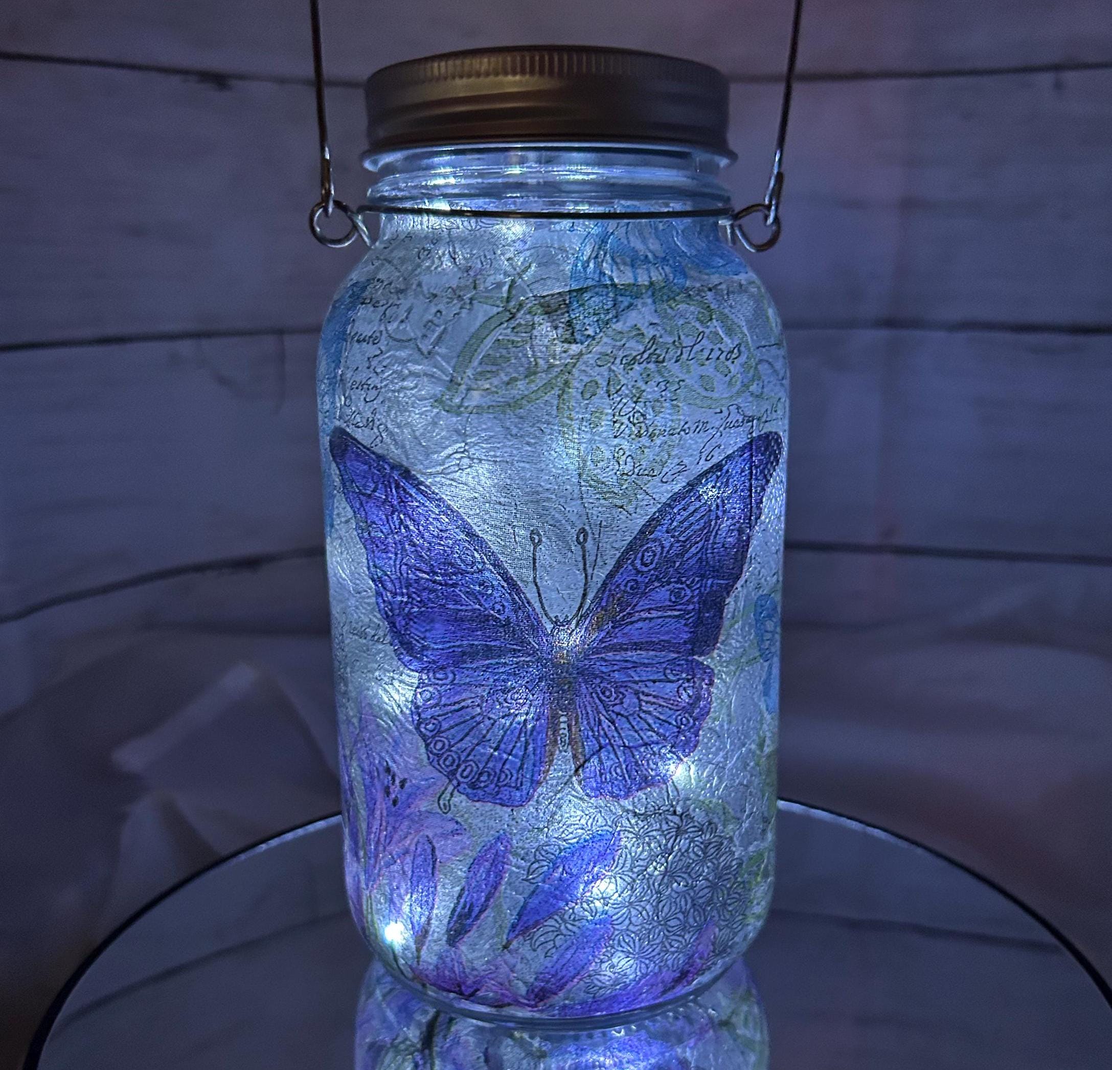Cobalt Blue Butterfly Scene  Soft Lighting Mason Jar Solar Fairy Light Lantern  Quart size