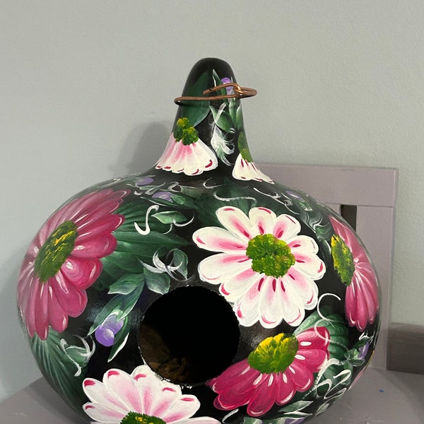 Gourd Birdhouse Pink and white Daisies Hand painted Black Background Pink Daisies White Daisies  Vibrant