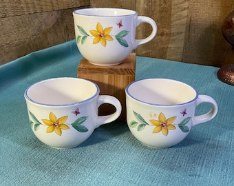 Pfaltzgraff Summer Garden Flat Coffee Cups Set of Three Floral Stoneware USA 1990s