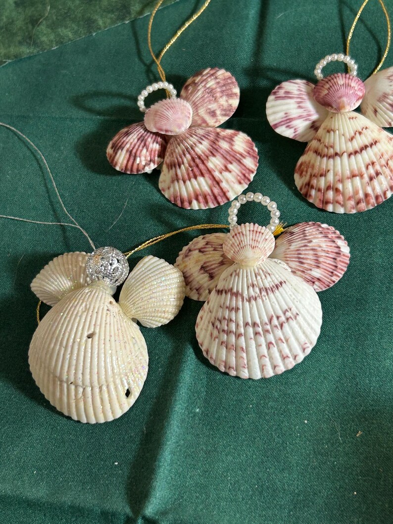 Angel Shell Craft Set of 4 Handmade Seashell Angel Ornaments – 2” Vintage Coastal Beach ...