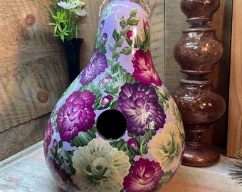 Gourd Birdhouse Hand Painted Magenta Pink and Cream Rose Garden Floral Outdoor Decor