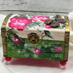 Hand Painted Floral Trinket Chest: Butterfly Garden Treasure Box