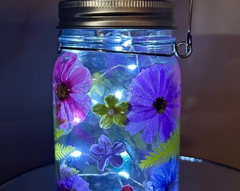 Mason Jar Solar Fairy Light Lantern Flowers Line Inside Jar Pint Size Purple Pink Small Teal accent