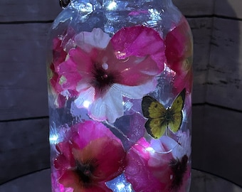 Mason Jar Solar Fairy Light Lantern Pansy Flower Garden  Quart size Multi color with Butterflies