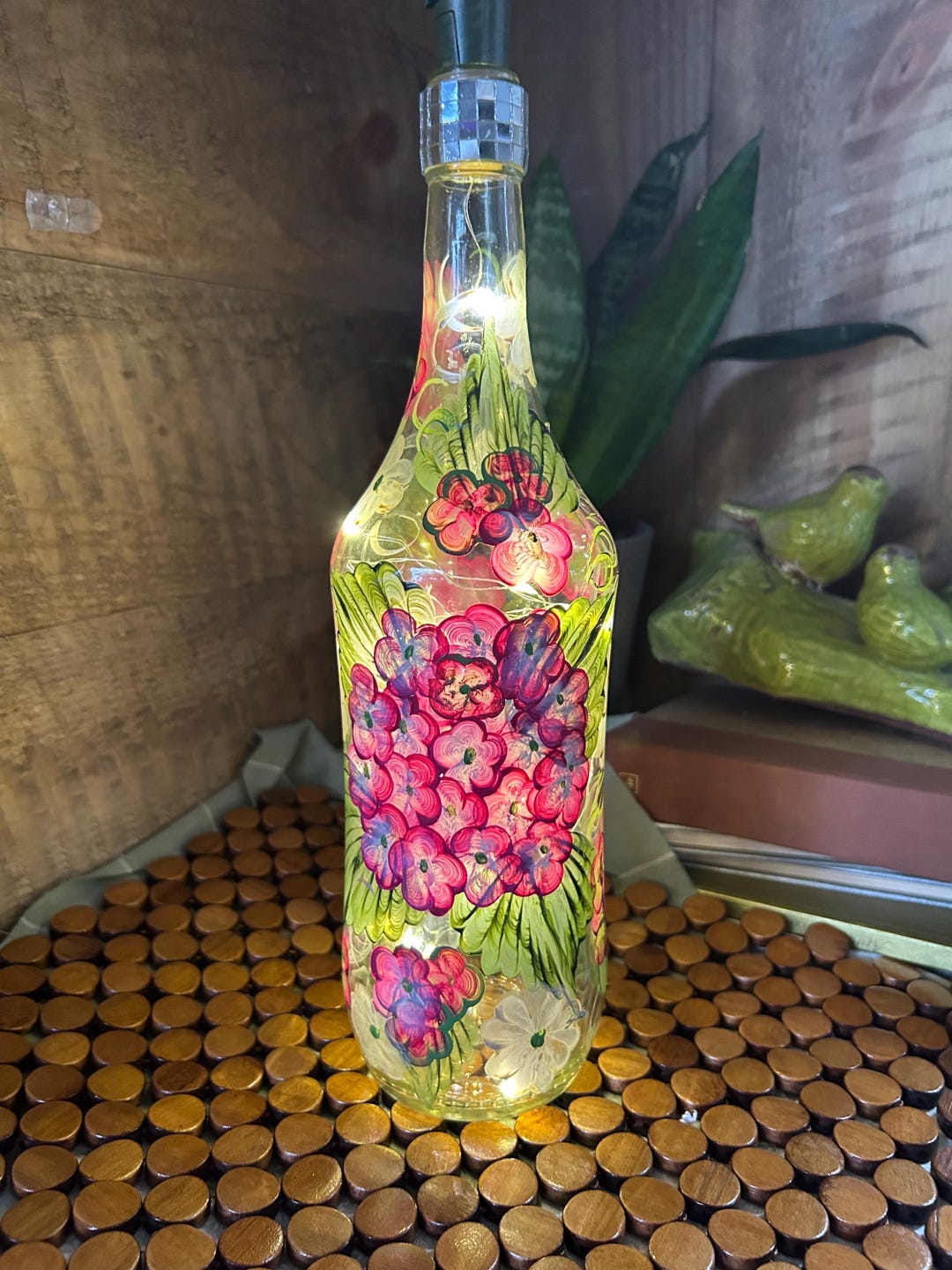Hand Painted Lighted Glass Bottle, Floral Fairy Light Bottle Lamp, Pink ...