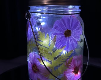 Mason Jar Solar Fairy Light Lantern Flowers Line Inside Jar Pint Size Purple/Pink