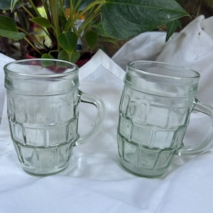 Set of 2 Vintage Clear Glass Beer Mugs - Heavy paneled Barrel Stein Style Drinkware