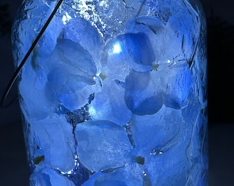 Mason Jar Solar Fairy Light Lantern Blue Hydrangeas Pint size