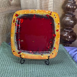 Abstract Art Glass Square Platter 11 Inch Ruby Red Amber Black Decorative Plate Unmarked Vintage