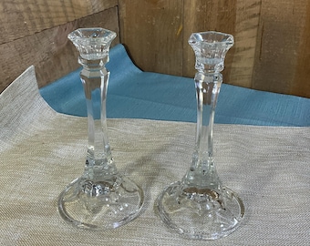 Vintage Indiana Glass Candle Lite Candlestick Pair Clear Taper Holders 7.5 Inch