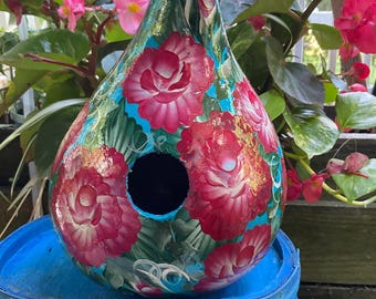 Gourd Birdhouse Hand Painted Pink Roses Iridescent Daisies Outdoor Garden Decor