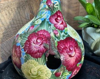 Gourd Birdhouse Hand Painted Burgundy and Cream Roses Blue Floral Outdoor Garden Decor Large 12 Inch Weatherproof Art