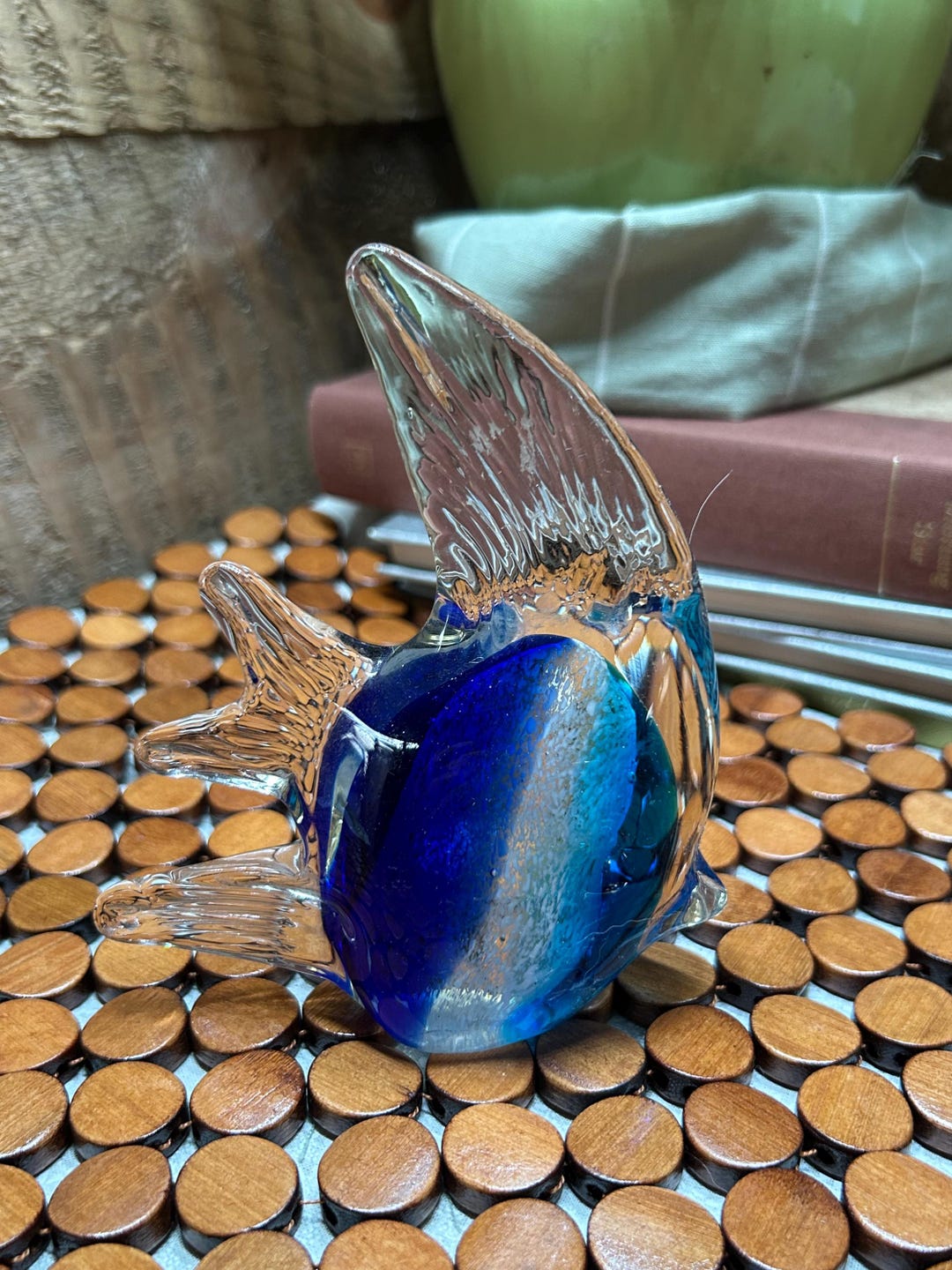 Hand Blown Glass Angel Fish Figurine Blue Iridescent Art Glass ...