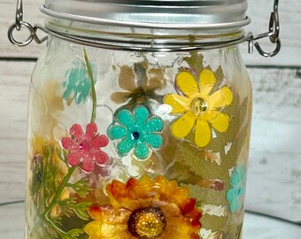 Mason Jar Solar Fairy Light Lantern Colorful Sunflower Garden With Teal and Pink Accent flowers Pint size