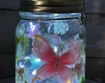 Mason Jar Solar Fairy Light Lantern Sparkle Rose Garden and Butterfly Pint size