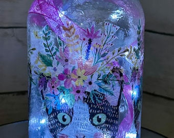 Mason Jar Solar Fairy Light Lantern Cute Cat in the Flower Garden  Quart size