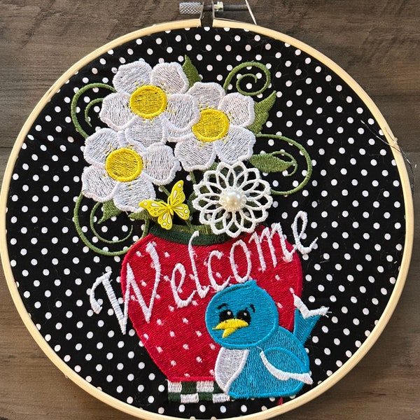 Adorable Little Blue Bird sitting in Front of Strawberry Vase Full of Daisies Machine Embroidery Wall hanging in 8” Embroidery Hoop