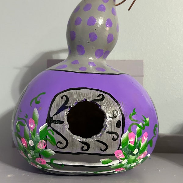 Gourd Birdhouse Cottage Hand painted Vibrant Lavender Cottage Gray Roof with polka dots, rosebuds Window boxes