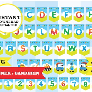 Leo el pequeño camión, banderin con letras A-Z, numero 0-9 formato, png