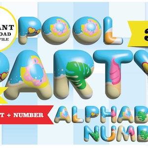 Fiesta en la piscina, alfabeto, números, clipart 3d, pool party, oceano, agua, arena, PNG fondo transparente 300 dpi, descarga inmediata