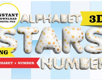STAR Alphabet + number 3D, letters clipart 3D,  PNG golden star, transparent background 300 dpi, Immediate download