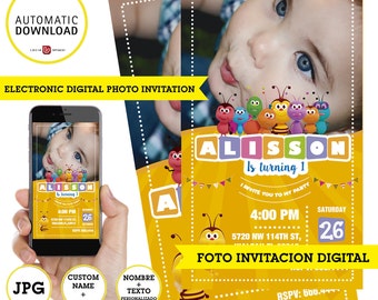 Bichikids, printable and digital electronic photo invitation, bichikids to send by WhatsApp,  custom PHOTO, NAME, text, JPG