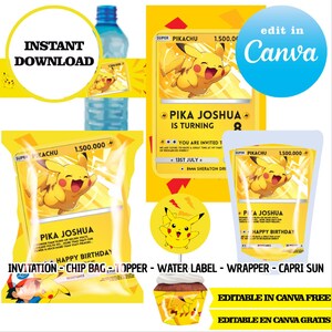 Pokemon, Pikachu Karten, Canva Templates, Einladung, Chip Bags, Labels, Capri Sonne, Toppers