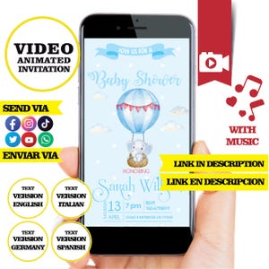 Hot air balloons, elephant, Baby Shower, Animated video Invitation, logo and personalized data, elephant baby boys, Neutral Baby Shower