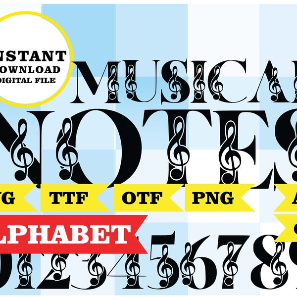 Notas musicales, alfabeto, ttf, otf, svg, editable, archivo para cricut , PNG fondo transparente, descarga inmediata