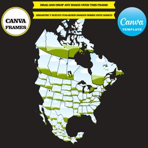 Mapas da América do Norte, quadro de elementos, arrastar e soltar, adicionar seu próprio plano de fundo, adicionar sua própria imagem, download digital, maquete, CANVA