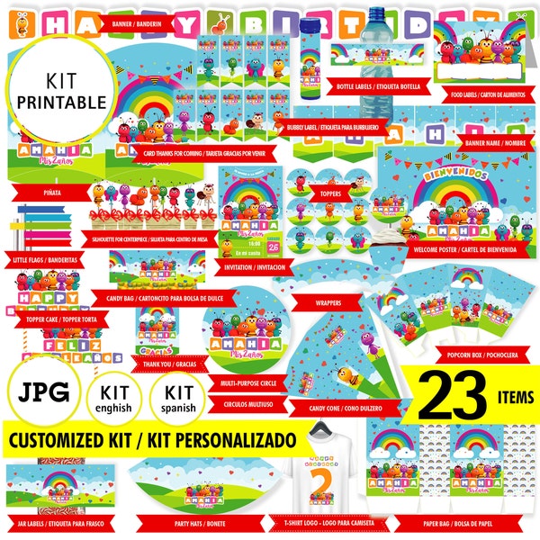 Bichikids Kit imprimible,  logo y texto personalizados, Bichikids JPG, 21 archivos descargables digitales, cumpleaños temáticos