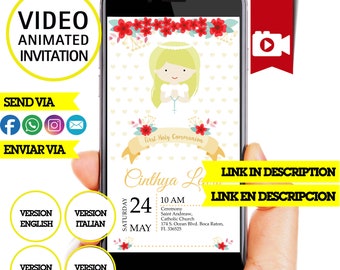 First Holy Communion, Animated video Invitation, Communion blonde girl, Girl Video Invitation, Video Card, Personalized Video