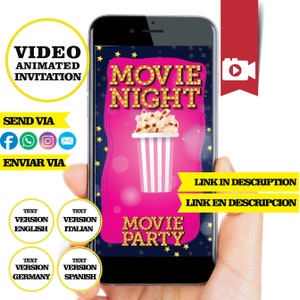 Bioscoop en casa, video-uitnodiging, filmfestival, filmfestival, logo en persoonlijke gegevens, film en casa con amigas