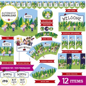 Ben & Holly, Kit  imprimible de Ben y Holly, 12 piezas, formato JPG, datos personalizados, Reino pequeño KIT imprimible, fiesta temática
