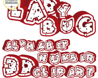 Ladybug alphabet, ladyburg letters and numbers 3D, PNG transparent background, SVG Vector, instant donwload