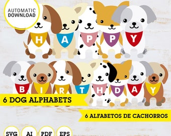 Perros cachorros alfabeto, imágenes prediseñadas de 6 alfabeto, SVG vector, ai, pdf, eps, imágenes para cricut