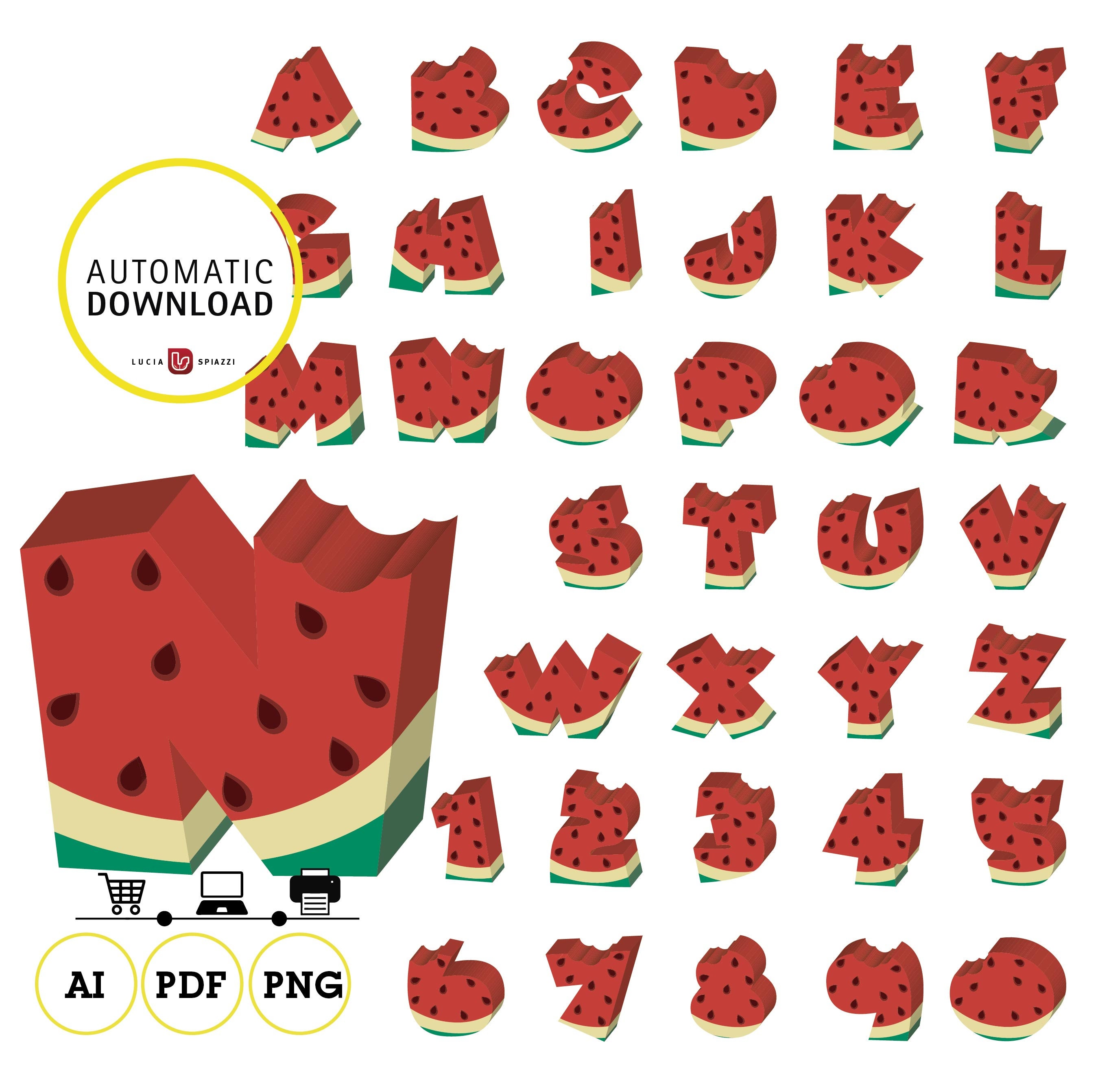 Watermelon Alphabet Letters And Number 3d Clipart Summer Etsy