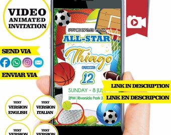 Deportes, video invitación, logo y datos personalizados, futbol, basquet, tenis, beisbol, cumpleaños de deporte, video MP4