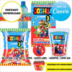Super Mario, Canva Templates, Einladung, Chip Bags, Labels, Capri Sonne, Toppers